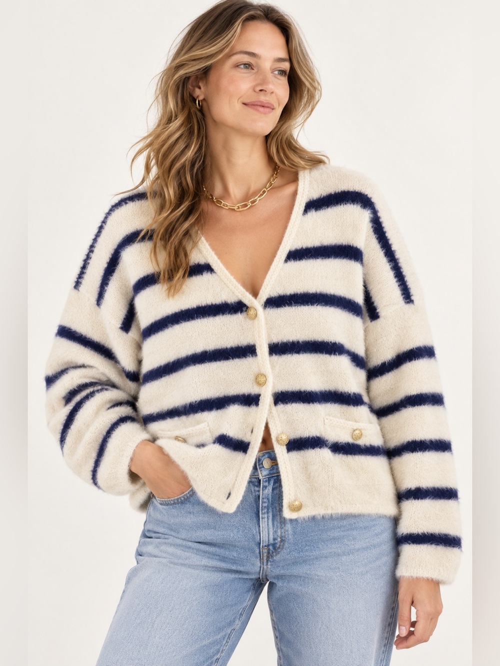 J.Crew Fuzzy Striped Oversized Cardigan Sweater Cream Navy Gold Buttons L